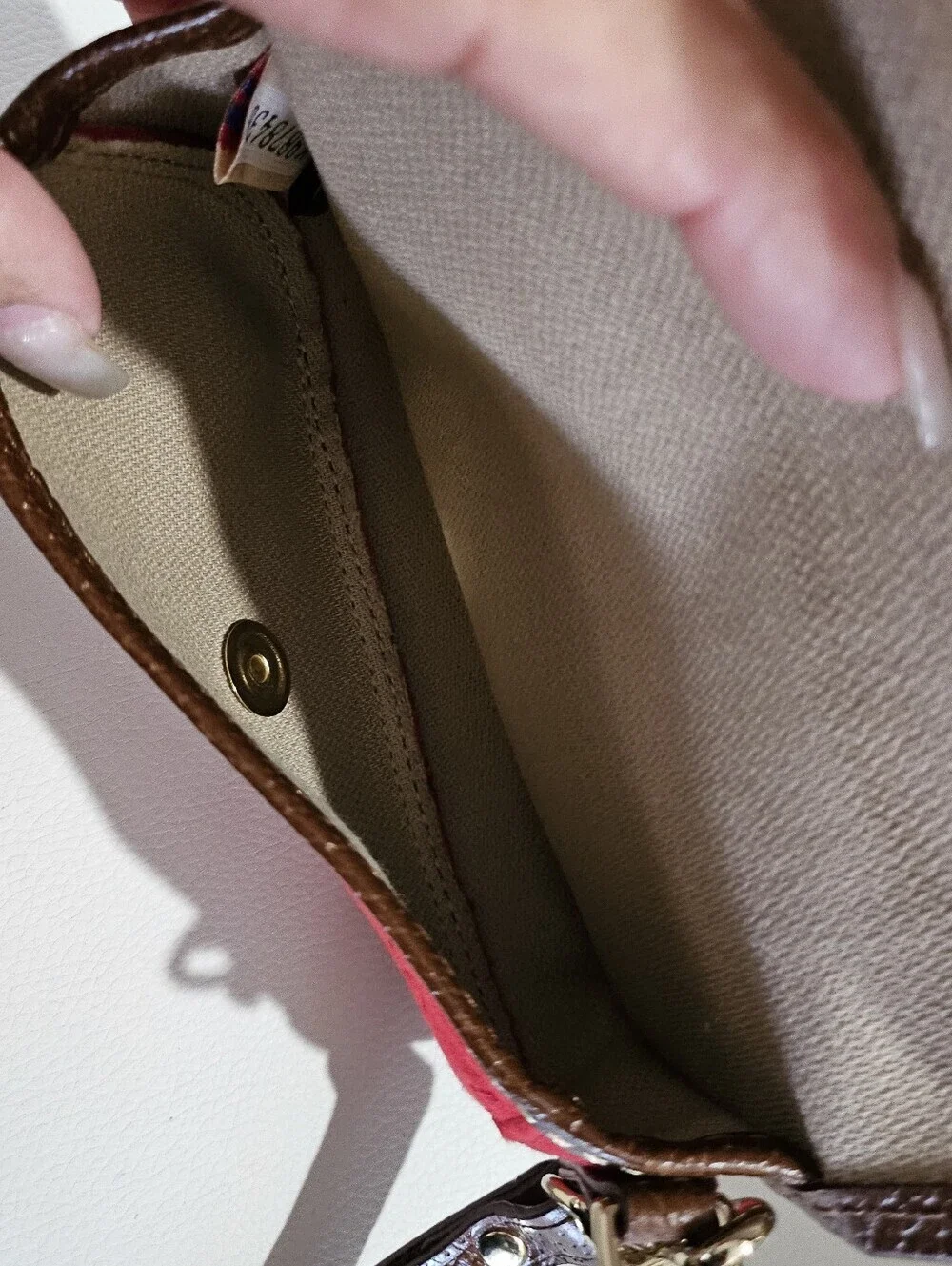 Dooney & Bourke Red Monogram Wristlet Pouch Brown Trim Smal Clutch Wallet.